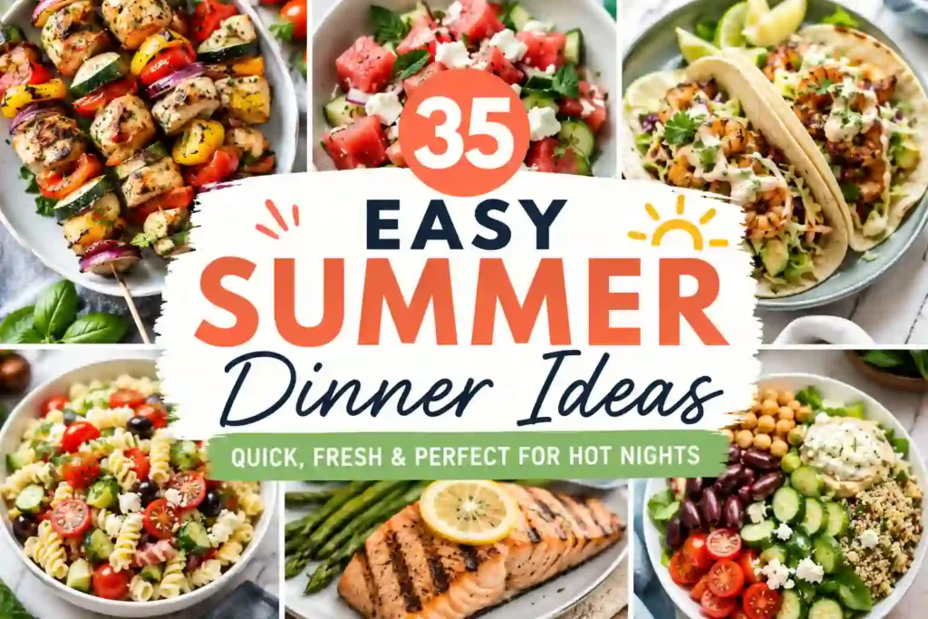 Collage of easy summer dinner ideas including grilled chicken kabobs, shrimp tacos, pasta salad, salmon, and fresh salad bowls