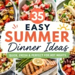 Collage of easy summer dinner ideas including grilled chicken kabobs, shrimp tacos, pasta salad, salmon, and fresh salad bowls