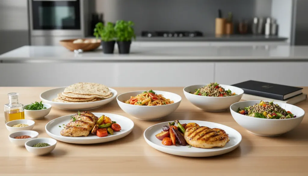 Easy Dinner Recipes with grilled chicken, pasta, quinoa bowls, flatbread, and fresh herbs