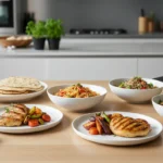 Easy Dinner Recipes with grilled chicken, pasta, quinoa bowls, flatbread, and fresh herbs