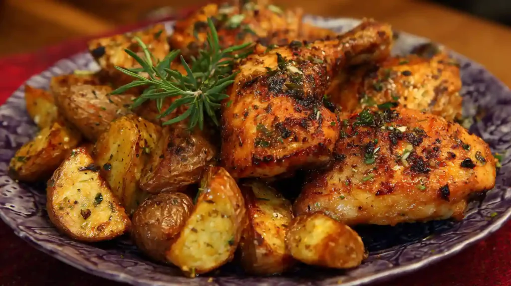 Quick air fryer chicken dinner with crispy roasted potatoes and herbs on a serving plate.