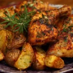 Quick air fryer chicken dinner with crispy roasted potatoes and herbs on a serving plate.