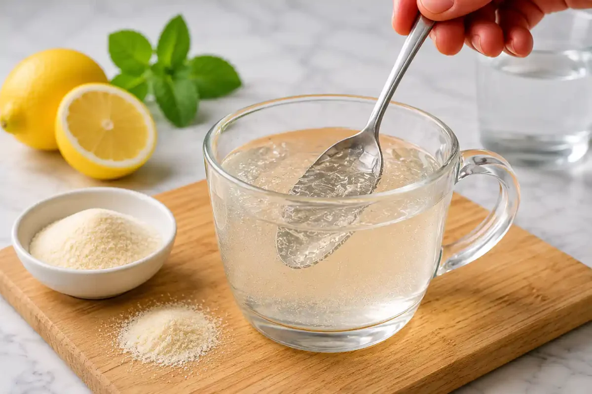 The gelatin trick recipe showing gelatin powder being stirred into water in a clear glass cup.