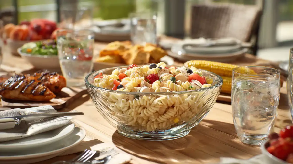 cold pasta salad served at a summer BBQ table