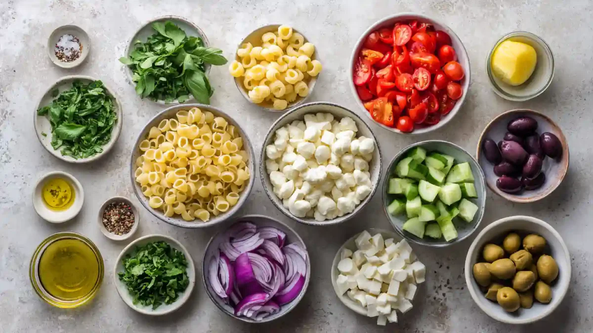 cold pasta salad ingredients with pasta vegetables herbs and dressing
