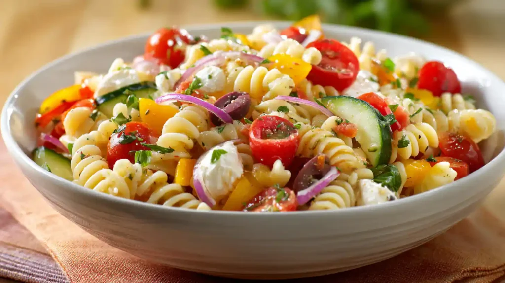 easy cold pasta salad with vegetables in a serving bowl