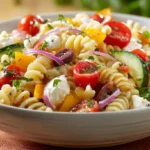 easy cold pasta salad with vegetables in a serving bowl