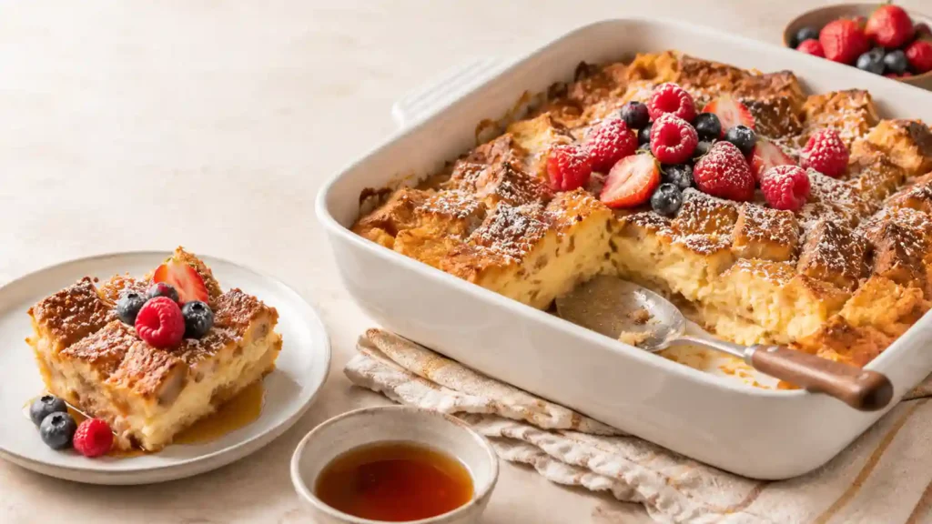 baked French toast casserole with cinnamon streusel topping and maple syrup