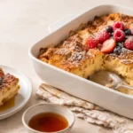 baked French toast casserole with cinnamon streusel topping and maple syrup