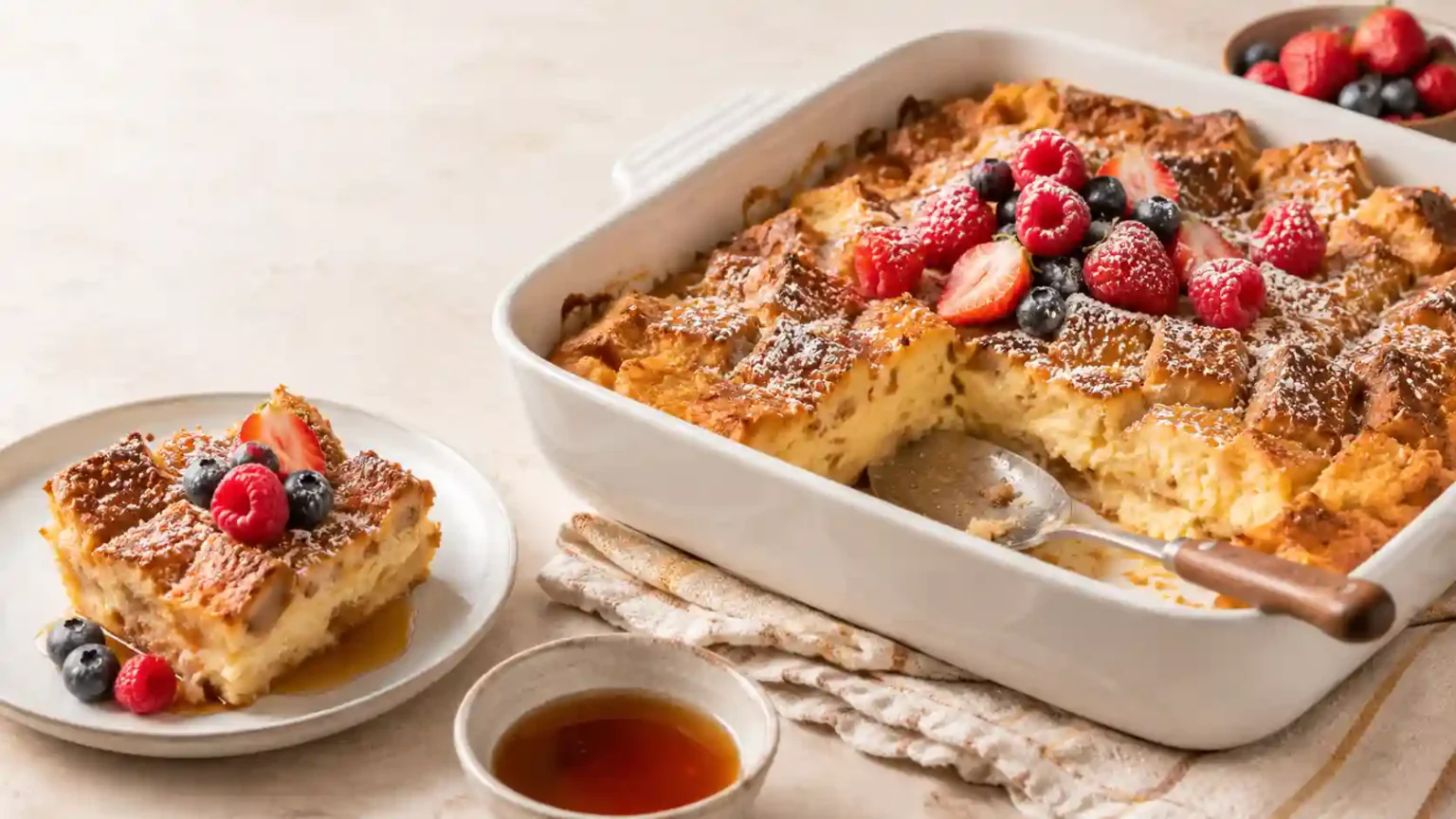 baked French toast casserole with cinnamon streusel topping and maple syrup