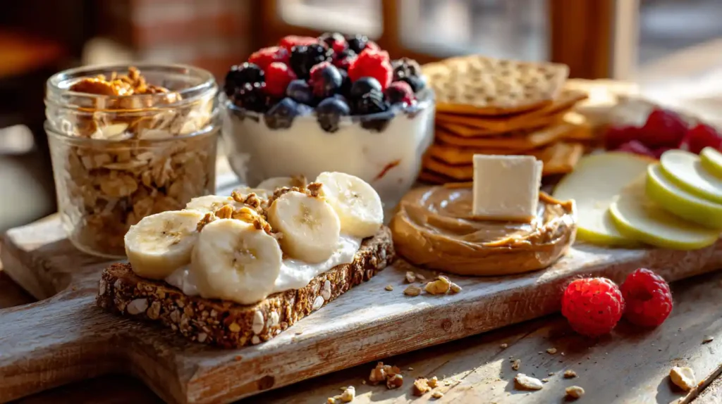 Easy snacks to make in 5 minutes with toast, yogurt, fruit, crackers, and cheese
