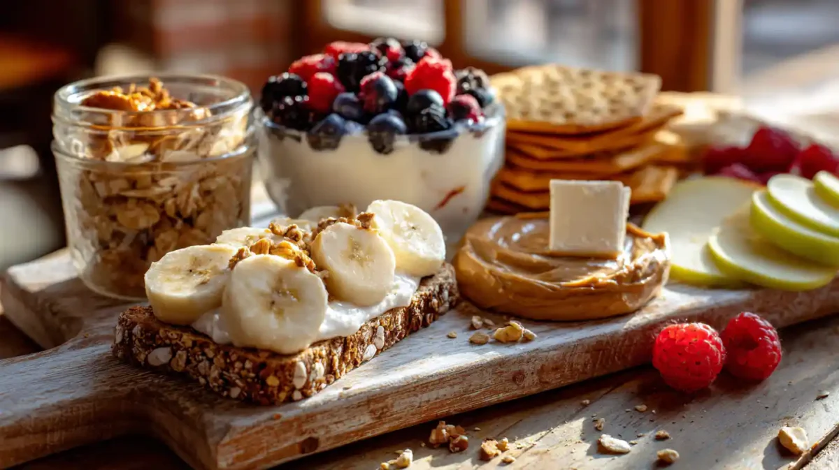 Easy snacks to make in 5 minutes with toast, yogurt, fruit, crackers, and cheese