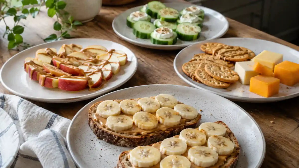 Easy snacks with few ingredients including peanut butter toast, apple slices, and cheese crackers