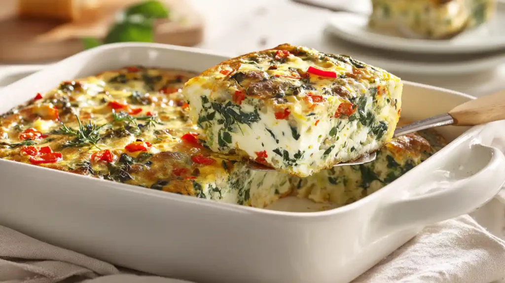 high protein cottage cheese egg bake sliced in a baking dish