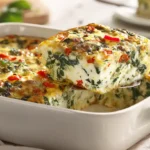 high protein cottage cheese egg bake sliced in a baking dish
