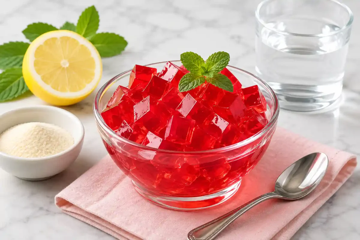 The gelatin trick recipe shown with red gelatin cubes in a glass bowl, lemon, water, gelatin powder, mint, and a spoon on a marble countertop.