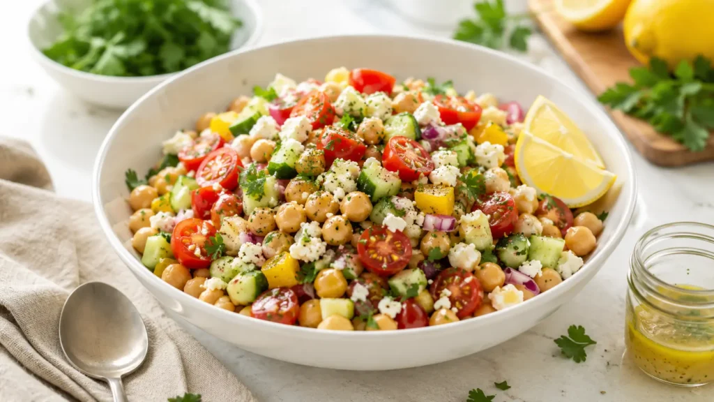 Fresh chickpea salad with cucumber, tomatoes, feta, herbs, lemon, and olive oil