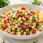 Fresh chickpea salad with cucumber, tomatoes, feta, herbs, lemon, and olive oil