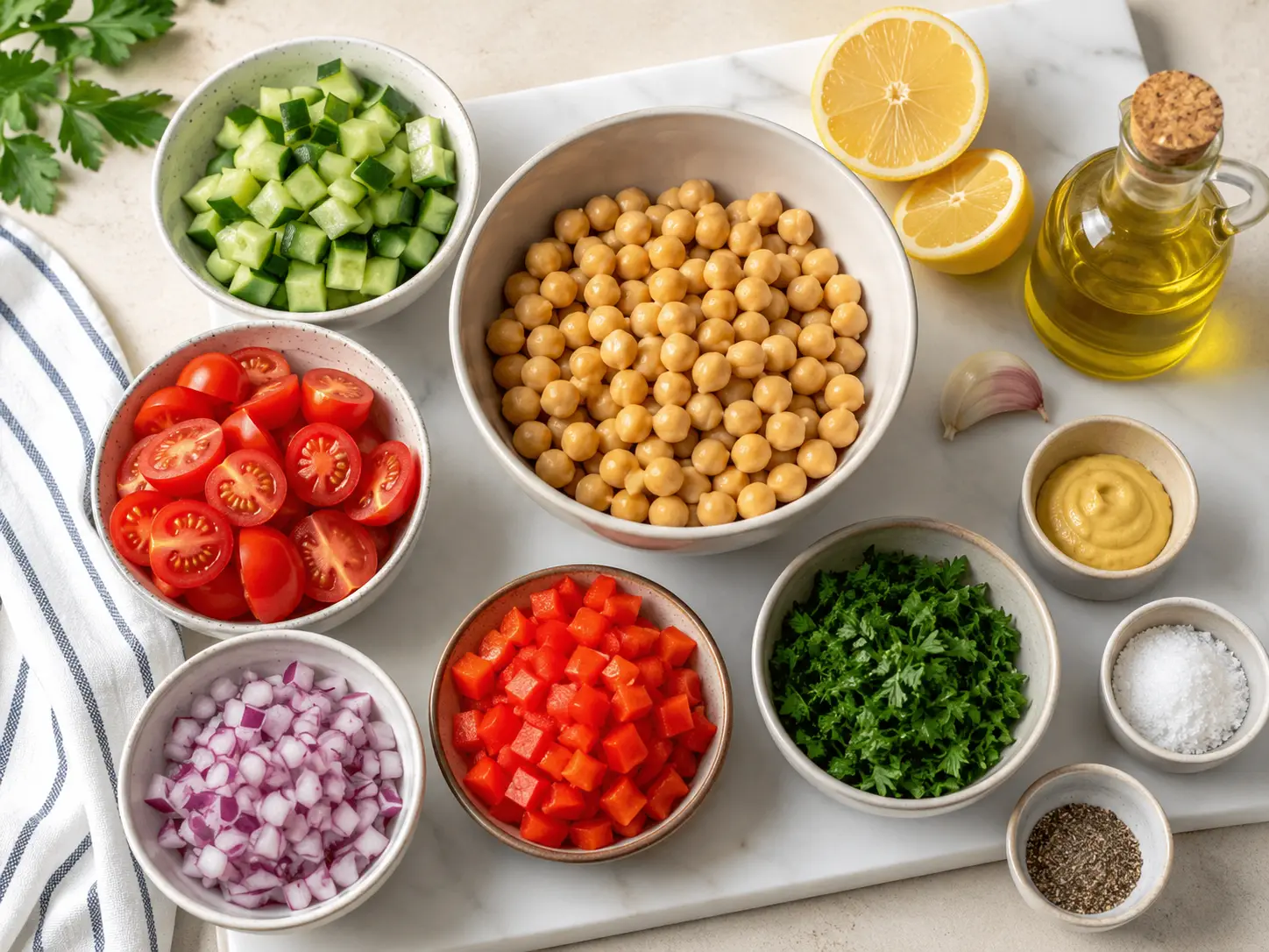 Chickpea salad ingredients with chickpeas, cucumber, tomatoes, bell pepper, parsley, lemon, and olive oil