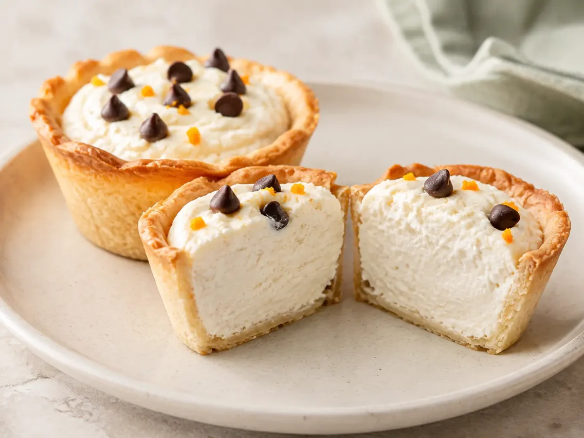Close-up of a crisp mini cannoli cup shell with thick ricotta filling