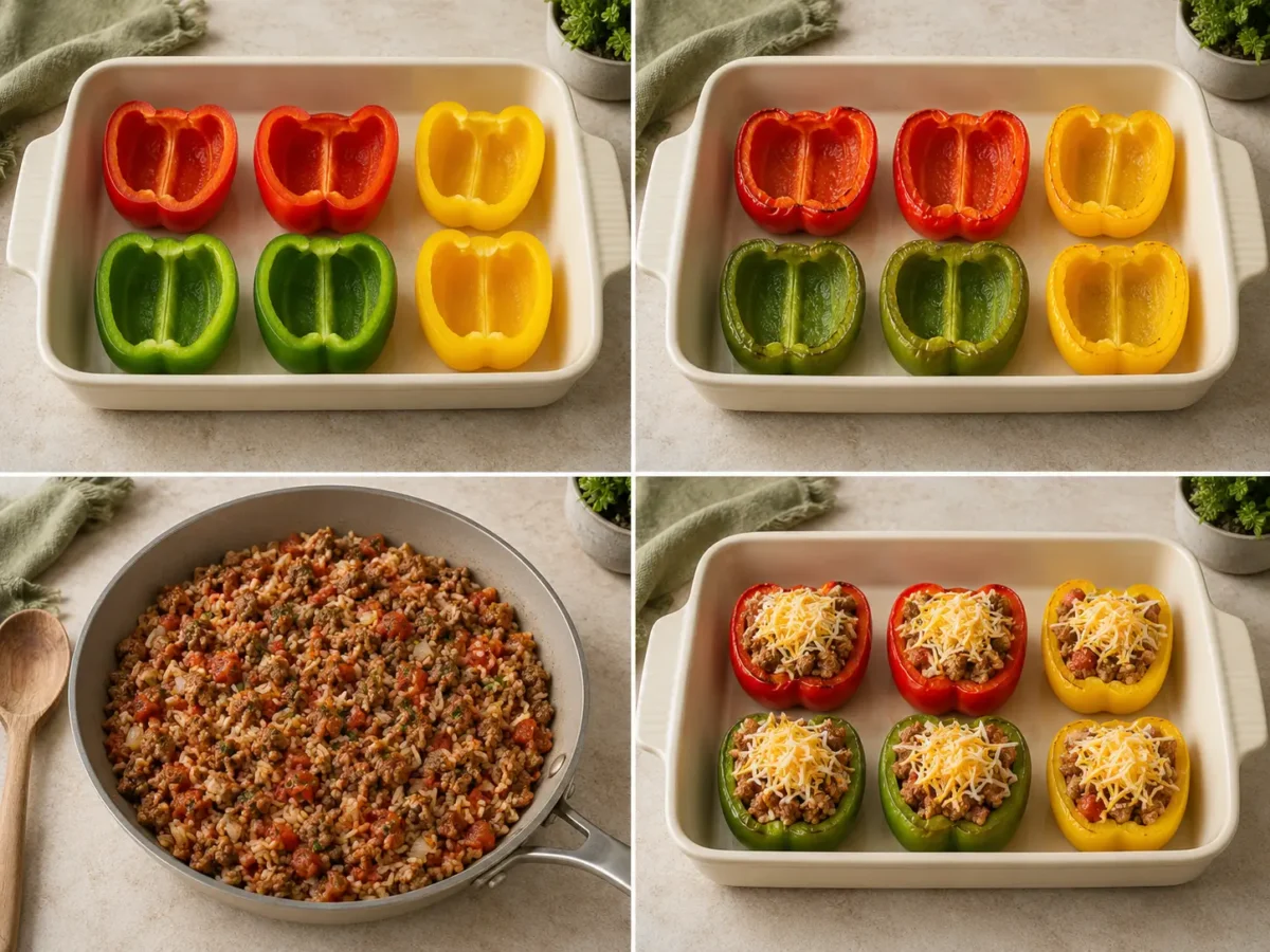 Bell pepper halves pre-baking, beef and rice filling cooking, and stuffed peppers ready for the oven