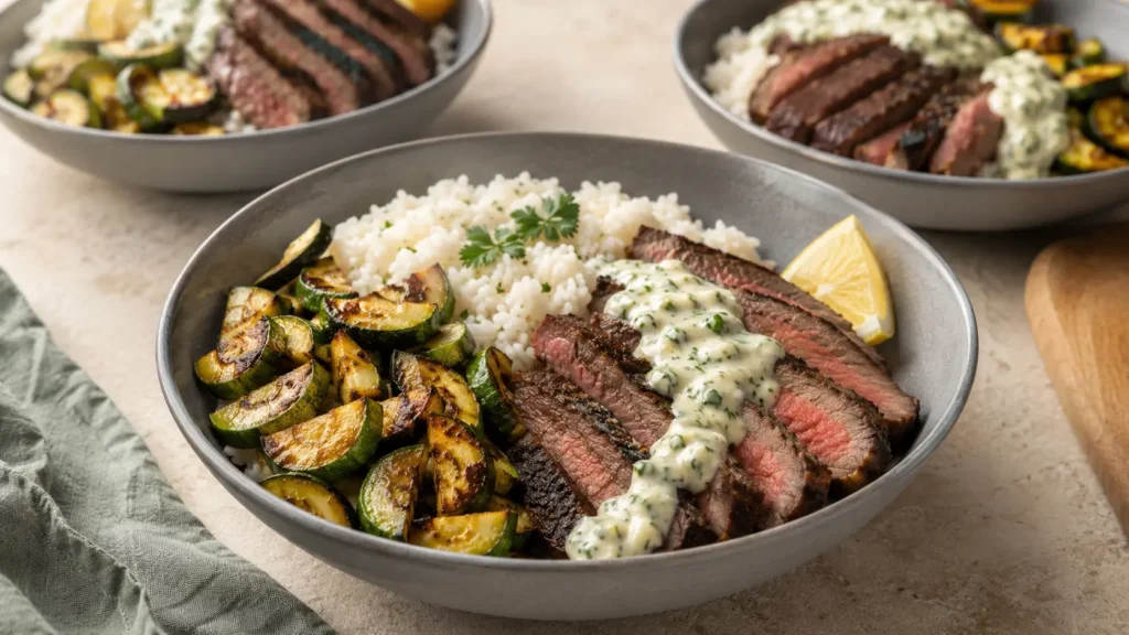 STEAK ZUCCHINI BOWL and browned zucchini over rice with creamy garlic herb sauce