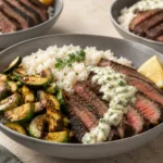 STEAK ZUCCHINI BOWL and browned zucchini over rice with creamy garlic herb sauce