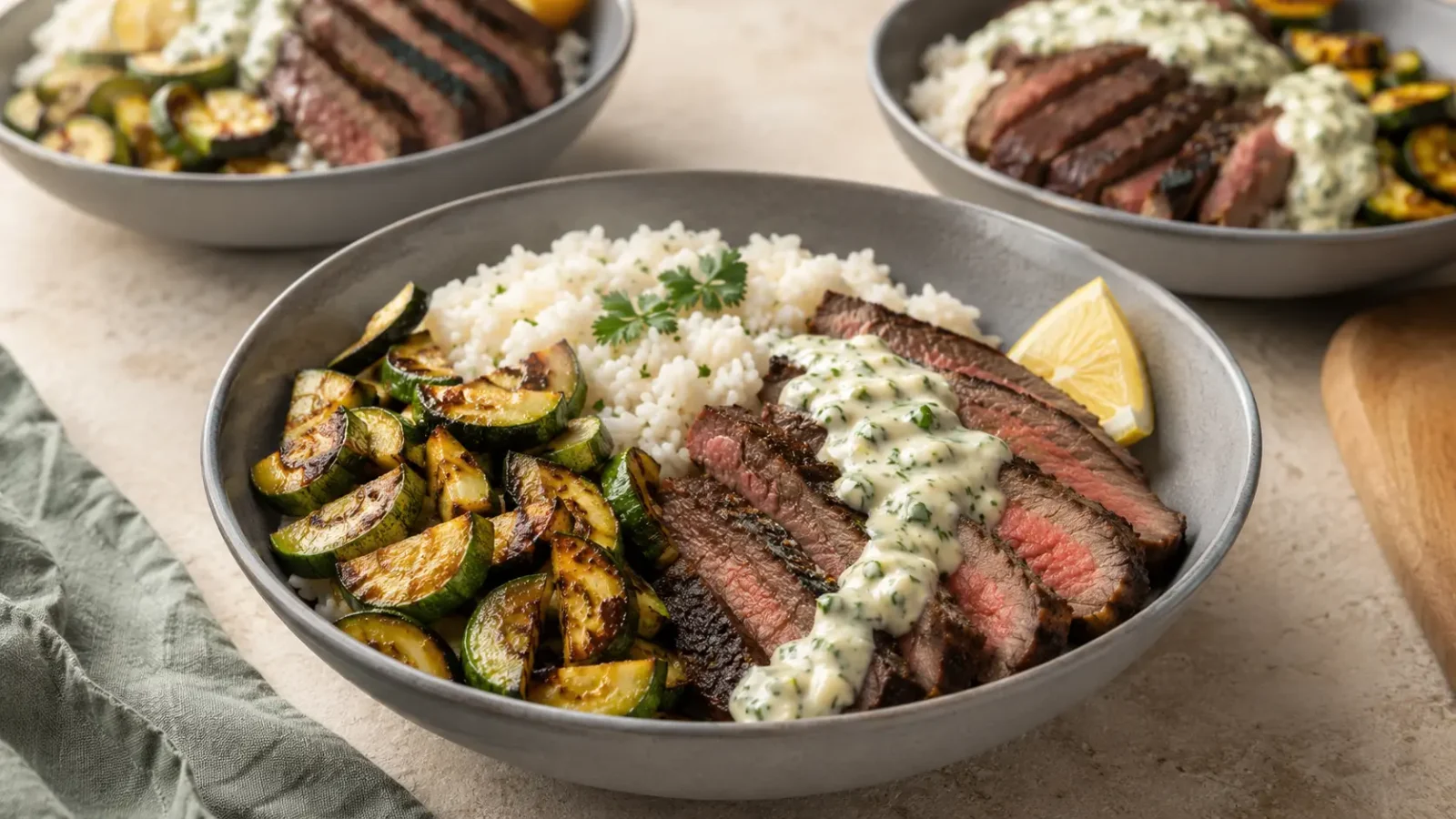 STEAK ZUCCHINI BOWL and browned zucchini over rice with creamy garlic herb sauce
