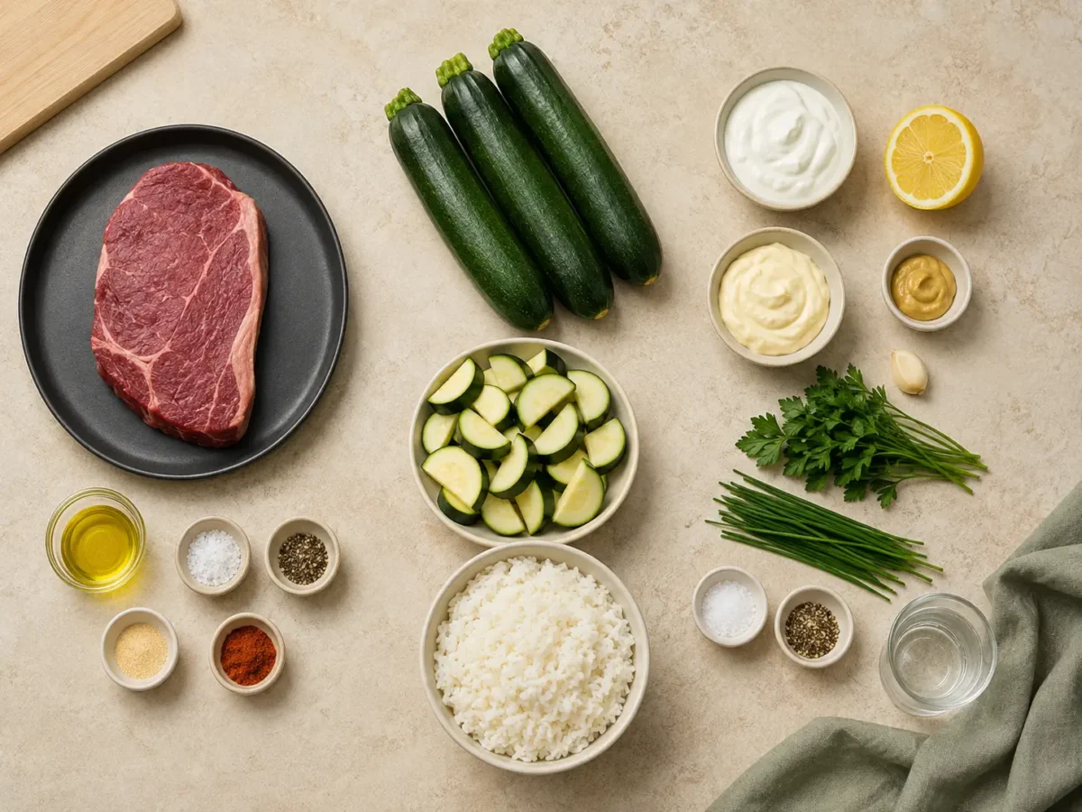 Sirloin steak, zucchini, rice, Greek yogurt, herbs, lemon, garlic and seasonings for steak bowls