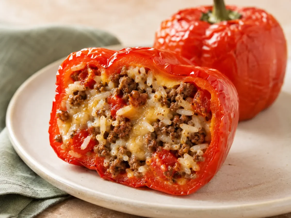 Cut stuffed bell pepper showing tender pepper walls and moist beef and rice filling