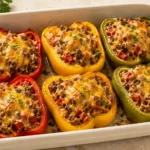 Stuffed bell pepper recipe halves with ground beef, rice, tomatoes and melted cheese