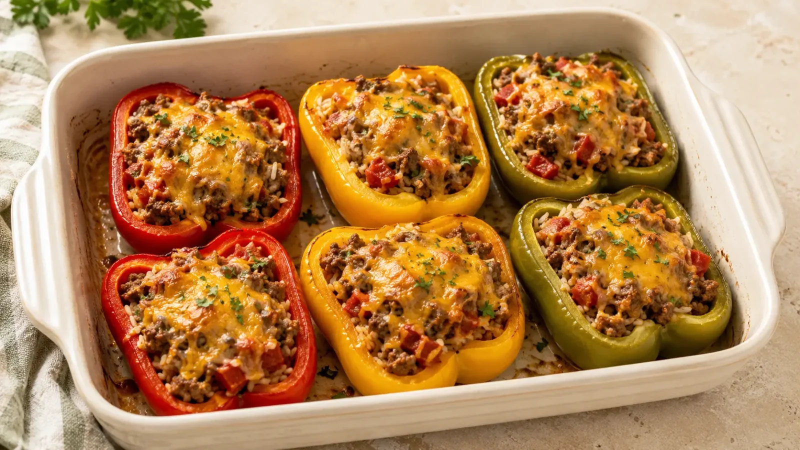 Stuffed bell pepper recipe halves with ground beef, rice, tomatoes and melted cheese