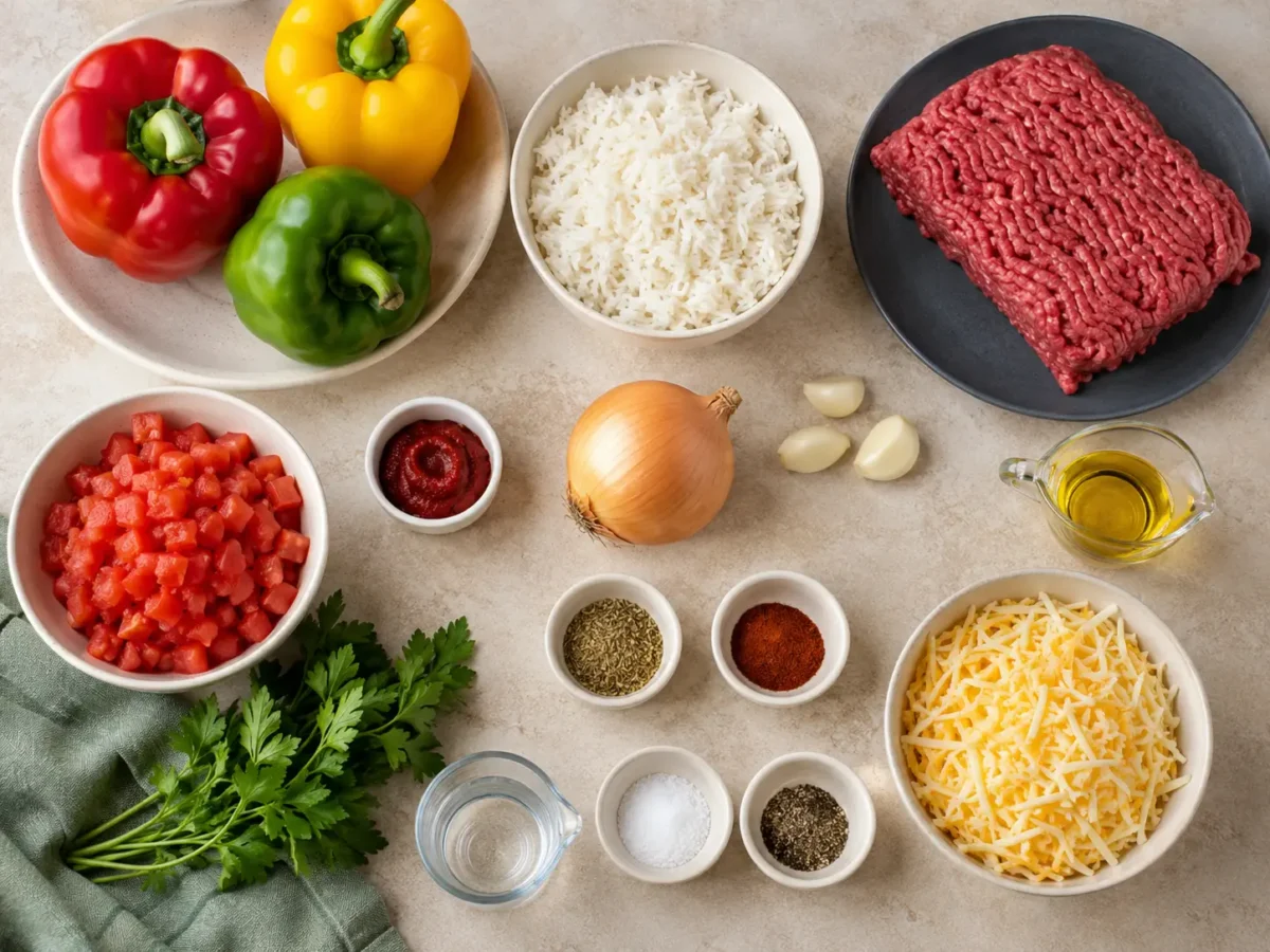 Bell peppers, ground beef, cooked rice, tomatoes, onion, garlic, seasonings and cheese