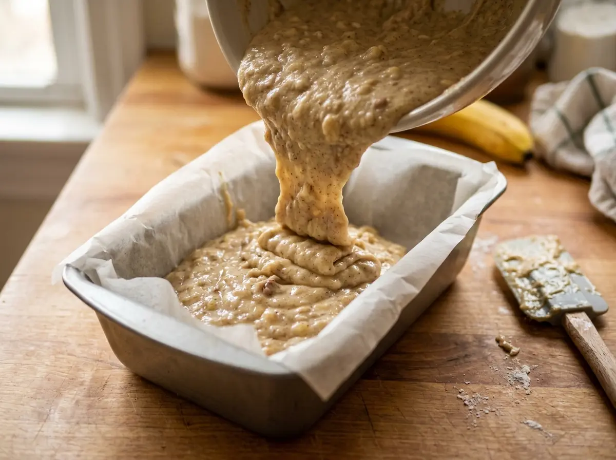 Banana bread batter in loaf pan ready to bake