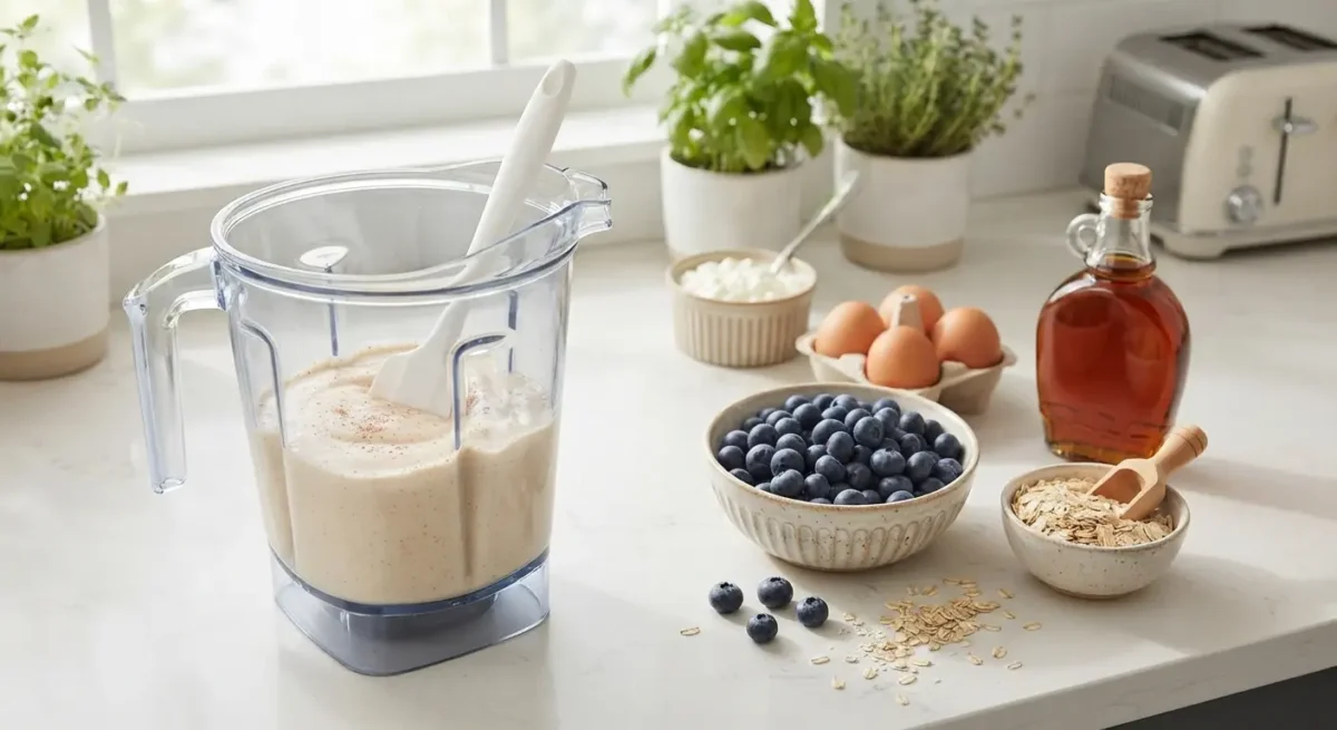 Blended cottage cheese batter with oats and eggs for breakfast bake