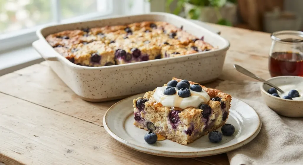 Blueberry cottage cheese breakfast bake with oats and fresh blueberries