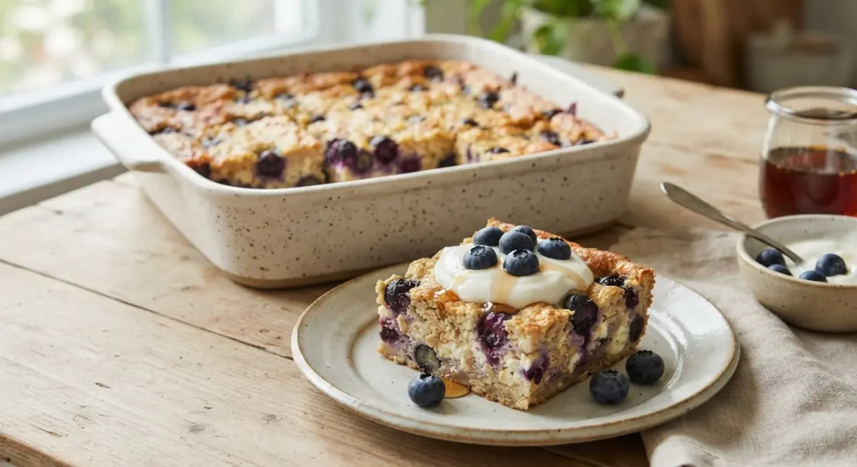 Blueberry cottage cheese breakfast bake with oats and fresh blueberries