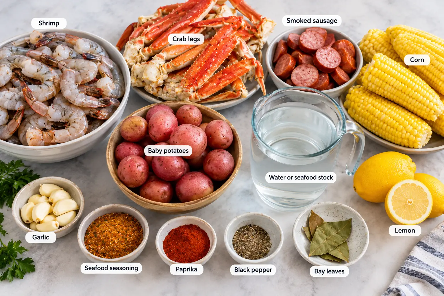 Seafood boil ingredients including shrimp, crab legs, smoked sausage, potatoes, corn, lemon, garlic, and seafood seasoning
