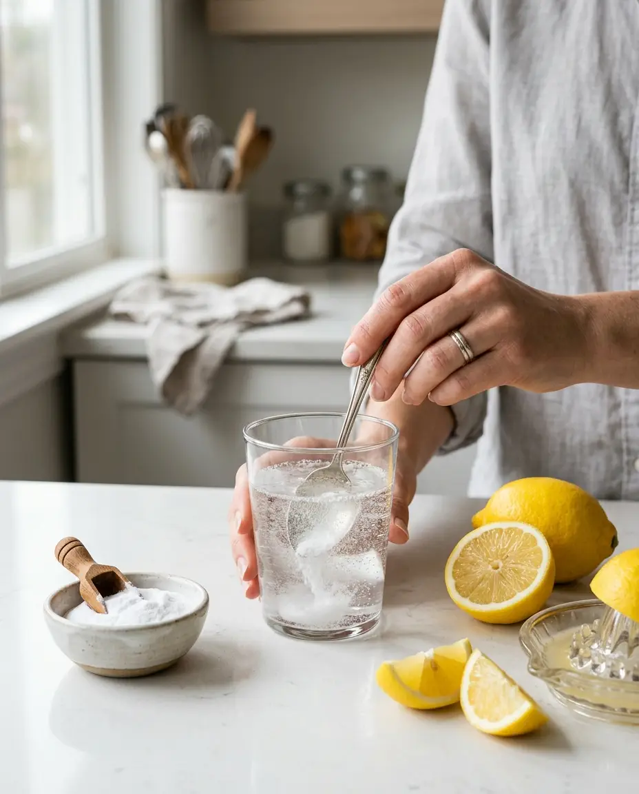Baking soda recipe for weight loss trend: water, lemon and baking soda beside a glass