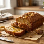 Moist banana bread with honey sliced on a wooden board