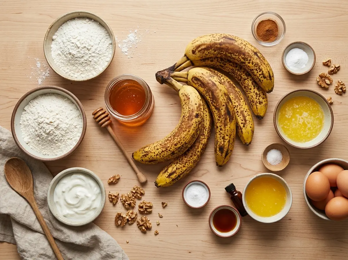 Ingredients for banana bread with honey