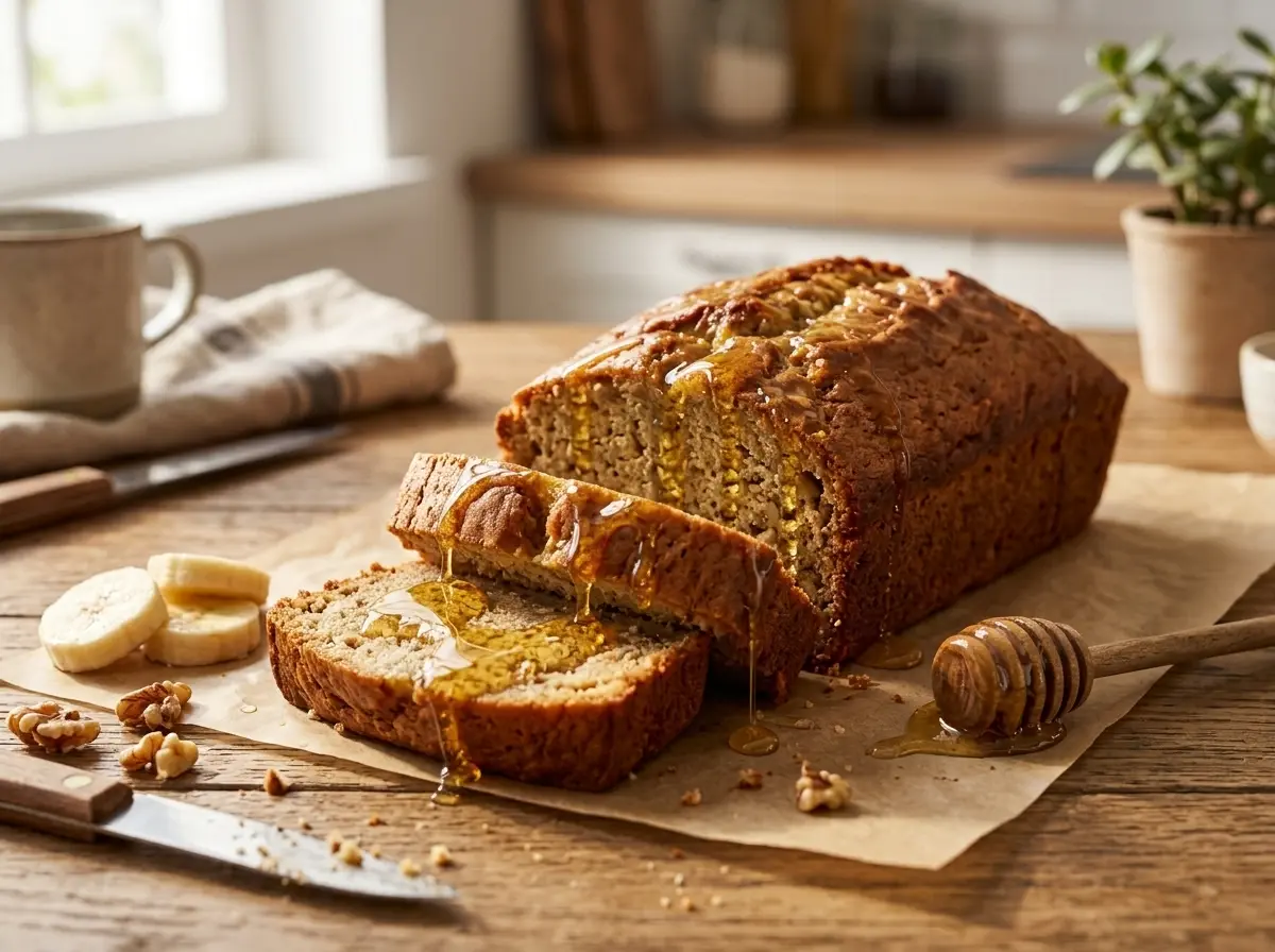 Moist banana bread with honey sliced on a wooden board