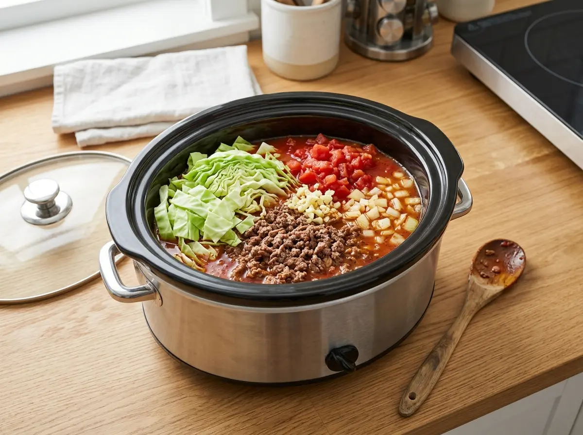 Ground beef cabbage tomatoes and broth added to a slow cooker for cabbage roll soup