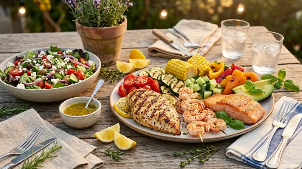 Easy summer dinner recipes with grilled chicken, shrimp, salmon, fresh vegetables, and salad