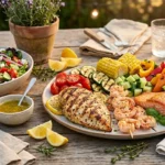 Easy summer dinner recipes with grilled chicken, shrimp, salmon, fresh vegetables, and salad