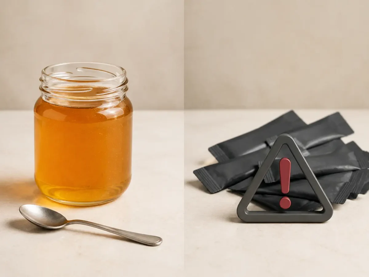 Plain grocery honey jar beside generetyic sexual-enhancement honey packets separated by a caution symbol