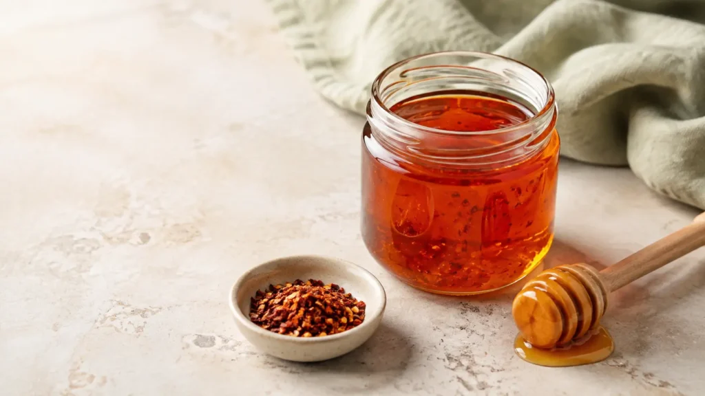 Homemade hot honey in a glass jar with a honey dipper and dried red pepper flakes