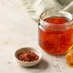 Homemade hot honey in a glass jar with a honey dipper and dried red pepper flakes