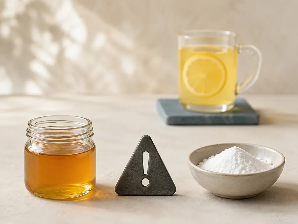 Plain honey jar and baking soda bowl separated by a caution symbol beside a warm honey and lemon drink 