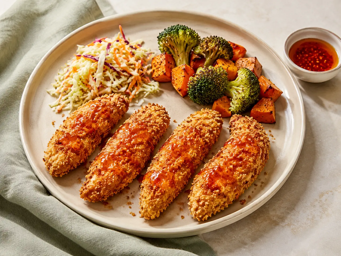 Baked hot honey chicken tenders served with cabbage slaw and roasted vegetables